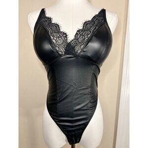 Bozzolo Lace Bodysuit Teddy Women's S Satin V Neck Black Gothic Grunge 80s